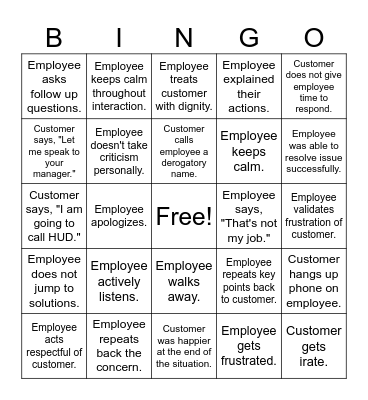 Customer Service Bingo Card