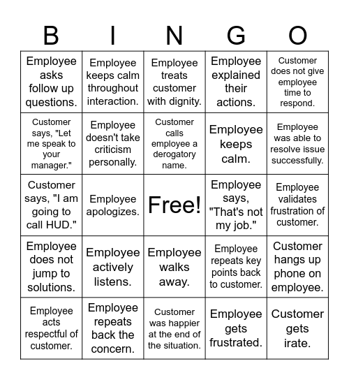 Customer Service Bingo Card
