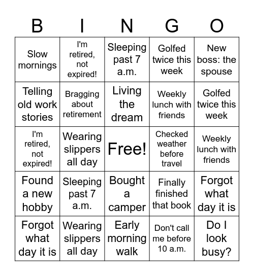 Orlean's Retirement Bingo Card