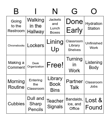 Routines and Expectations Bingo Card