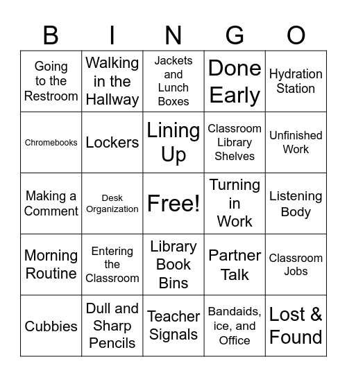 Routines and Expectations Bingo Card