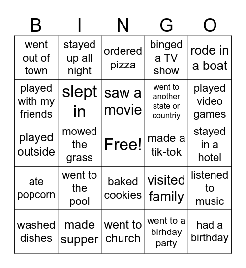 What did you do this summer? Bingo Card