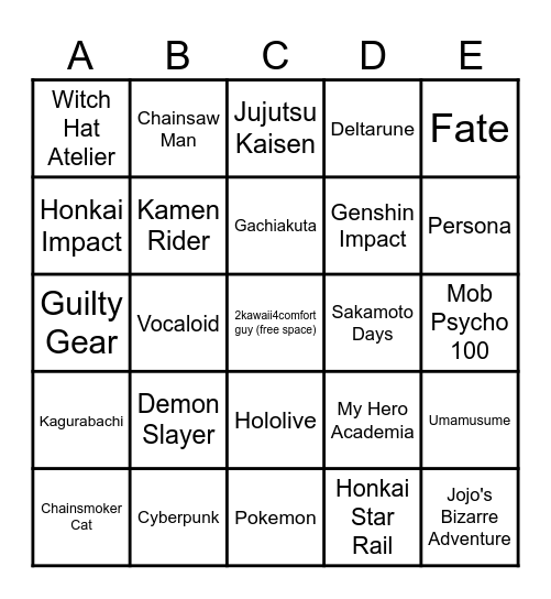 Cosplay Bingo Card