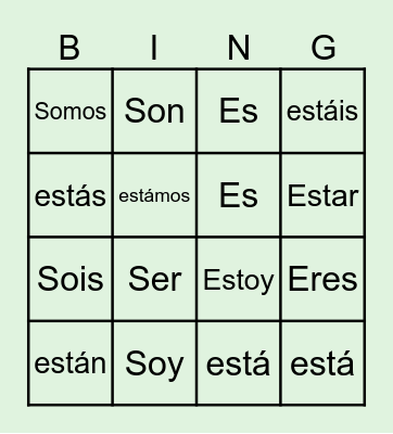 Ser y Estar conjugations Bingo Card