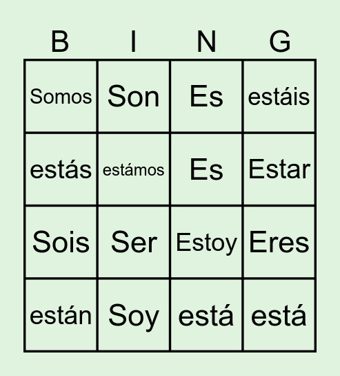 Ser y Estar conjugations Bingo Card