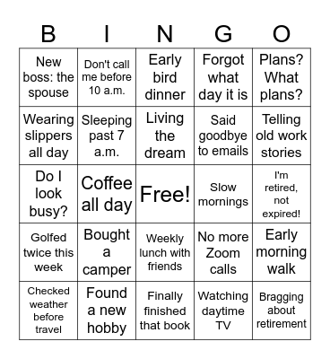 Orlean's Retirement Game Bingo Card