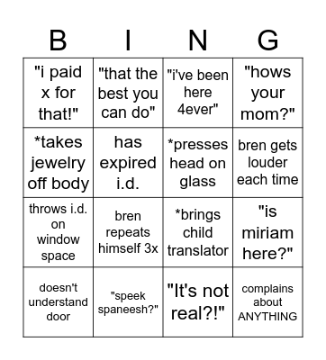 Pawnbrocking Bingo Card