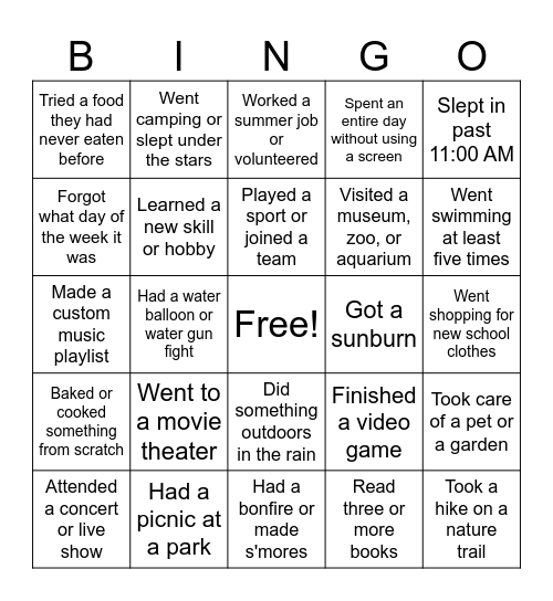 Back to School Bingo Card
