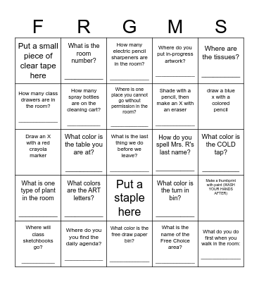 ART ROOM Scavenger Hunt Bingo Card
