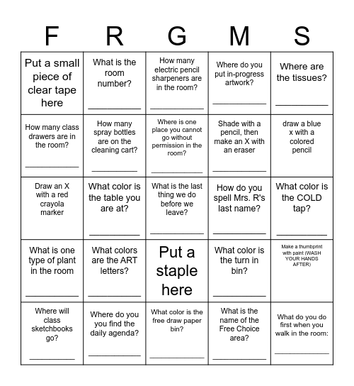 ART ROOM Scavenger Hunt Bingo Card