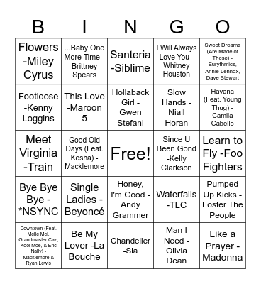 Pop Songs Picnic Bingo Card
