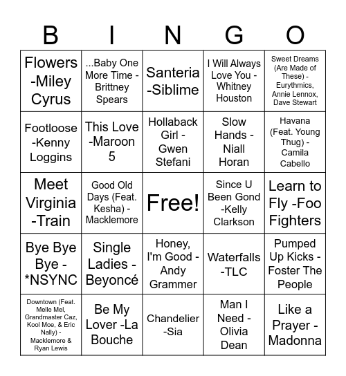 Pop Songs Picnic Bingo Card