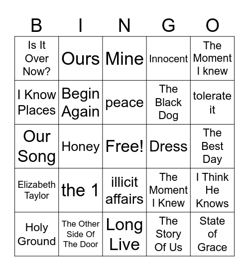 Kathryn’s Favorites: Taylor Swift Round Bingo Card
