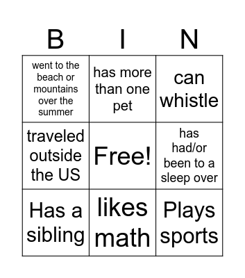 Getting to Know your 3rd Grade Classmates Bingo Card