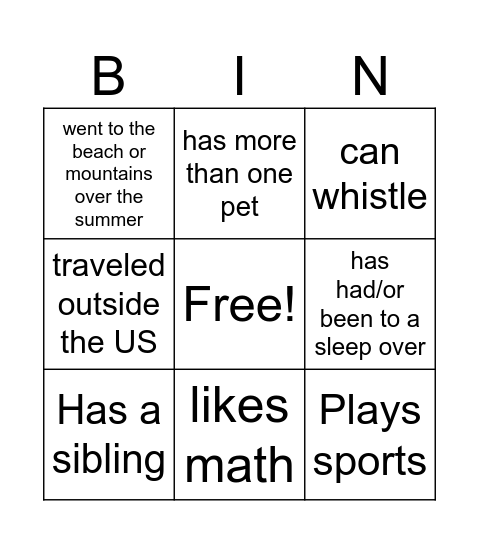 Getting to Know your 3rd Grade Classmates Bingo Card