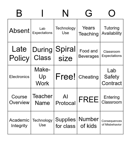Ms. Duran's Policies and Procedures Bingo Card