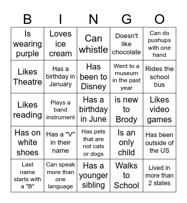 Middle School BINGO: Find someone who... Bingo Card