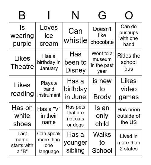 Middle School BINGO: Find someone who... Bingo Card