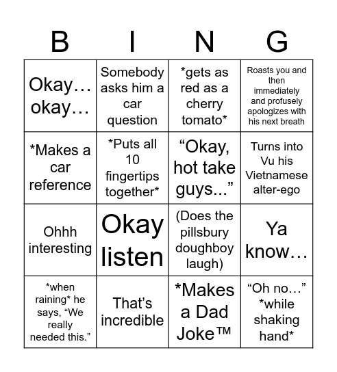 Jacob Bingo Card