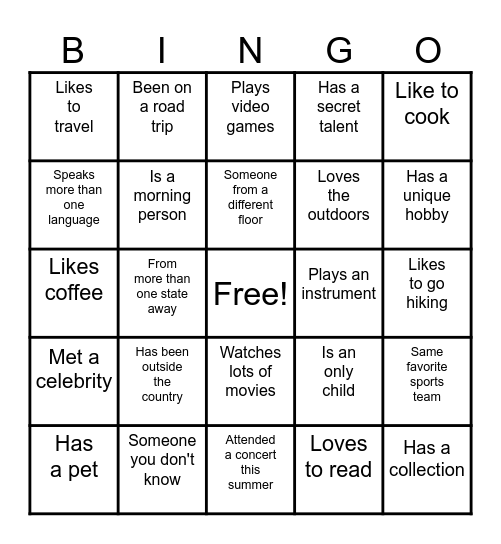 Getting to Know You Bingo Card
