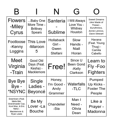 Pop Music Picnic Bingo Card