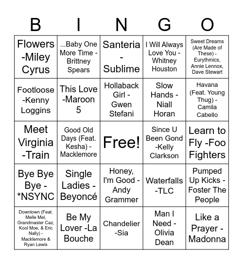 Pop Music Picnic Bingo Card