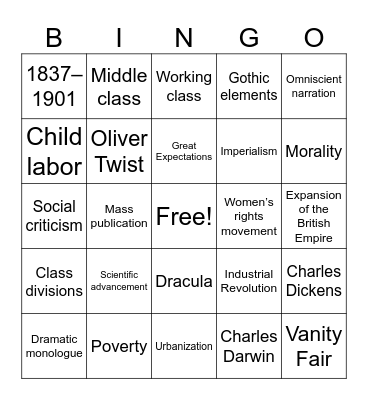 Victorian Period Bingo Card