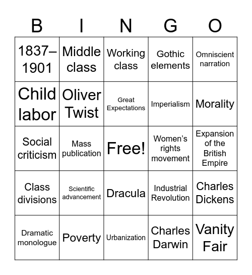 Victorian Period Bingo Card