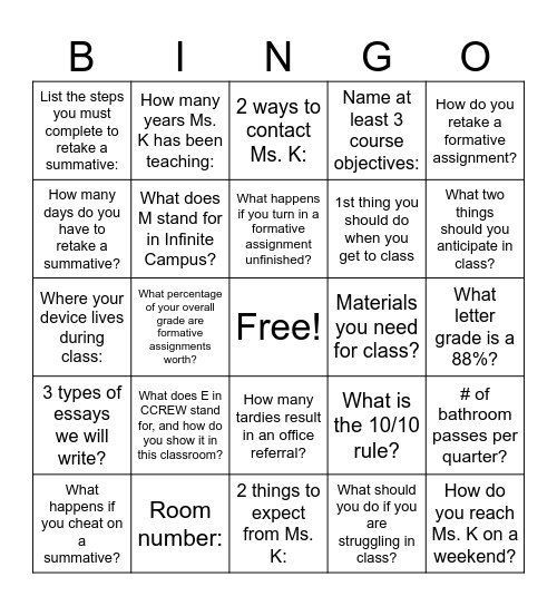Syllabus Bingo Card