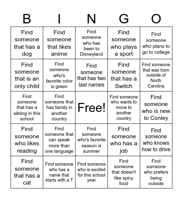 Get to Know Your Classmates Bingo Card