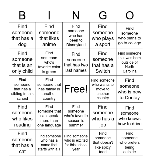 Get to Know Your Classmates Bingo Card