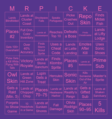 PICKE'S BINGO NIGHT Bingo Card