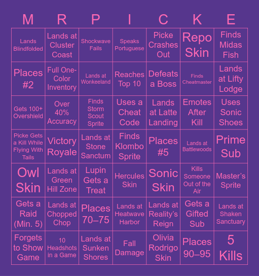 PICKE'S BINGO NIGHT Bingo Card