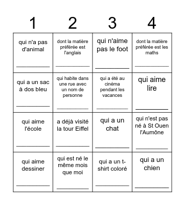 Trouve un camarade qui... Bingo Card