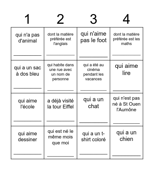 Trouve un camarade qui... Bingo Card