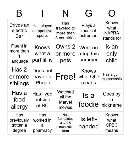 Pharmacy Bingo Card
