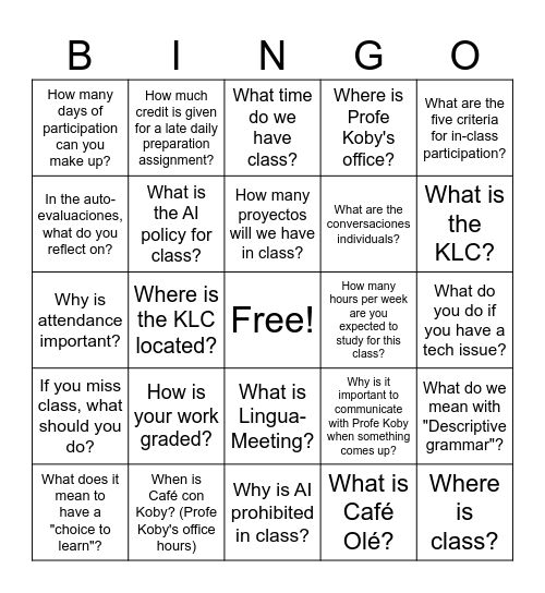 Span 102 Syllabus Bingo Card