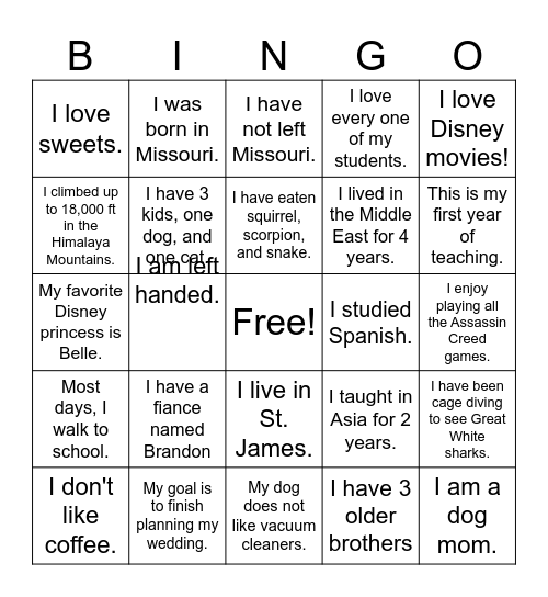 Get to know your teachers Bingo Card
