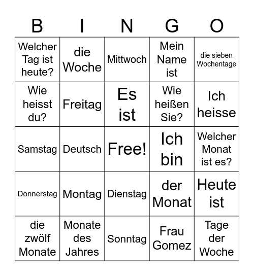 Tage der Woche und Monate Bingo Card