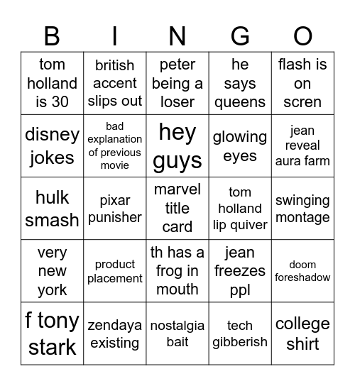 Spiderman Bingo Card