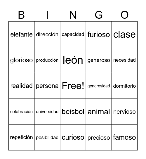 Cognates (Spanish) Bingo Card