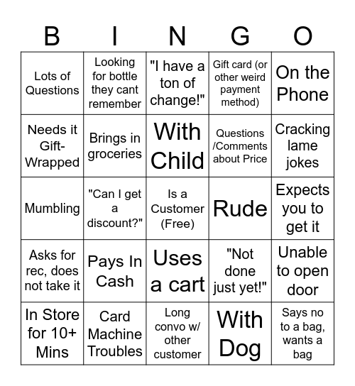 Customer Pet Peeve Bingo Card