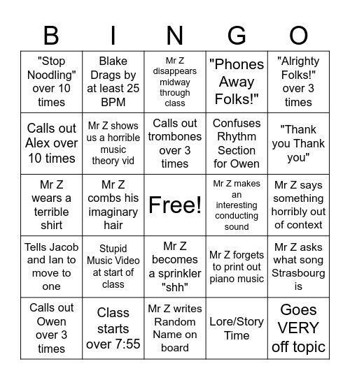 Mr Z/Band Bingo Card