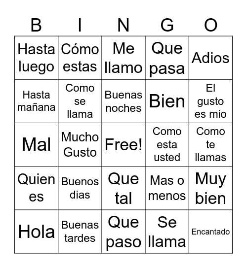 SPanish Greetings Bingo Card