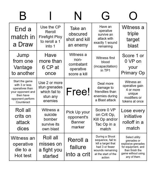 Kill Team Bingo Card