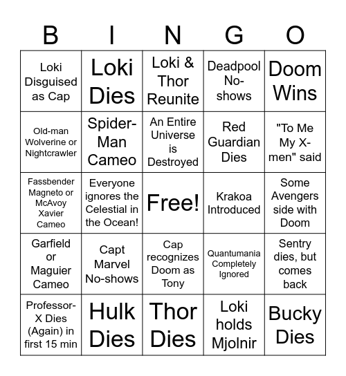 Avengers: Doomsday Bingo Card Bingo Card