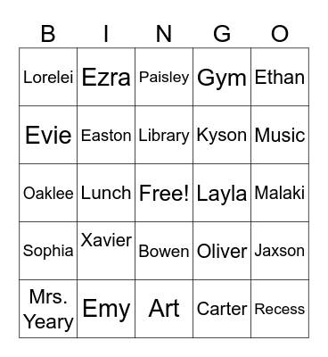 2nd Grade Bingo Card