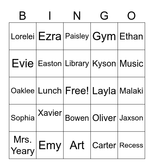 2nd Grade Bingo Card