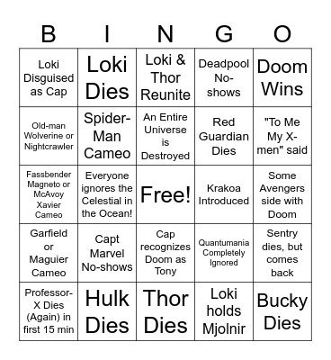 Avengers: Doomsday Bingo Card Bingo Card