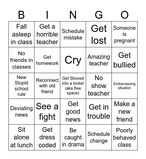 First week of freshman year Bingo Card